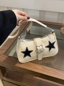 1个纹理时尚链条个性化星星斜挎包，甜美酷炫的西部风腋下包，PU材质，拉链封口，星星印花图案，可肩背或手提，适合女生日常上学、户外旅行、送朋友等场合，可装手机，简约斜挎包 - A - 查看 7
