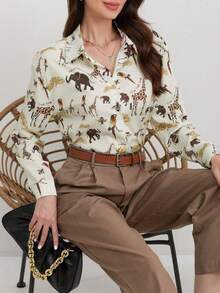Camisa casual de manga larga con botones y estampado animal para mujeres