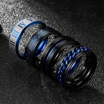 4pcs Stainless Steel Men's Ring Set, Including Roman Numeral Ring, Chain Ring, Dragon Pattern Ring, Suitable For Various Occasions