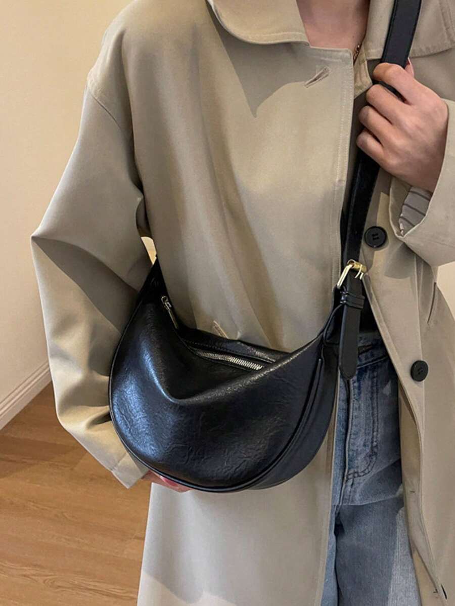 1件裝 柔軟PU皮革餃子包 經典半月形 純色極簡風 高級質感 女款優雅大容量多功能可調節肩帶單肩斜跨包 適合上班族學生日常使用、外出約會與購物