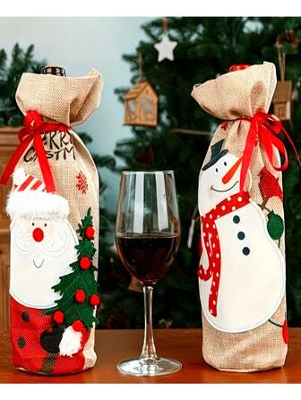Set de 1/2 unidades de cubiertas para botellas de vino navideñas con diseños de Papá Noel y muñeco de nieve, decoraciones de arpillera a prueba de polvo para mesa festiva, bolso, organizador, almacenamiento, cocina