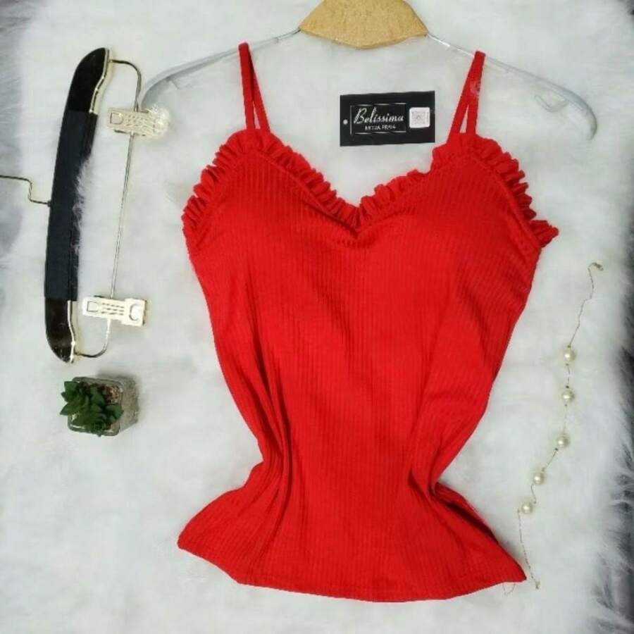 Women's Tank Top With Ruffled Straps And Ribbed Pads - 紅色 - 查看 1