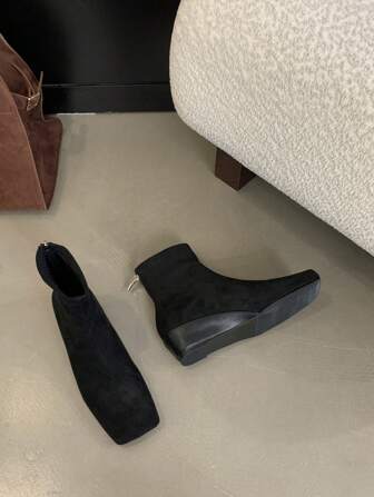 Women's Square Toe Faux Suede Ankle Boots, Fashion Versatile Chunky Heel Ladies Shoes