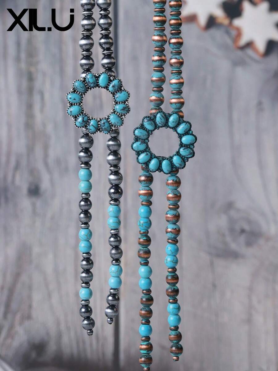 1 chiếc vòng cổ hạt ngọc lam hình tròn hình học với chất liệu CCB - Mặt dây chuyền phong cách Navajo phương Tây cho chuỗi áo len của phụ nữ - phong cách Navajo - Xem 1