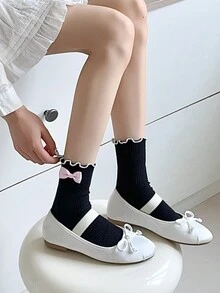 1 双日本学院风 JK 风格蝴蝶结袜，蕾丝边宽松女袜，黑色、白色和粉色芭蕾风格 - 黑色 - 查看 3