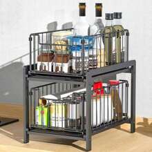 Ablageregal Küchenregal mit 2 Korb Ausziehbar multifunktional zweilagig, Kohlenstoffstahl Regal große Größe 50KG tragend, Aufbewahrung Bad Organizer für Heimat und Büro