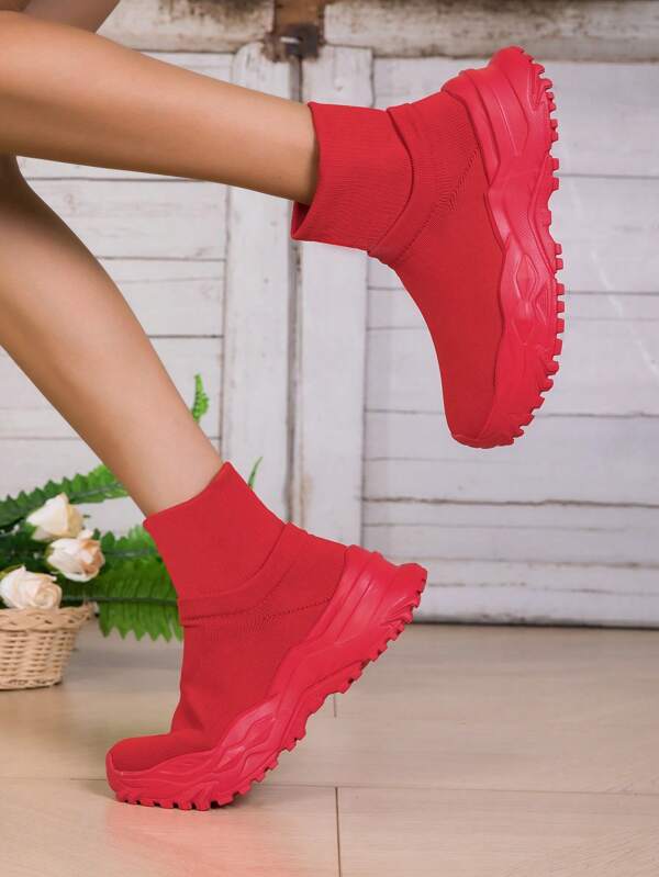 Mode Neue Damen Pink gestrickte elastische Knöchelstiefel, Ein-Klick-Dicksohlige Socken-Stiefel, Lässige komfortable Sport Rund-Zeh gestrickte elastische Stiefel, Sport Damenschuhe, Halloween Geschenk, Weihnachtsgeschenk