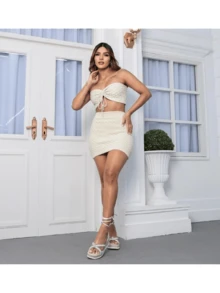 Scale Skirt And Crop Top Set - 米色 - 查看 2