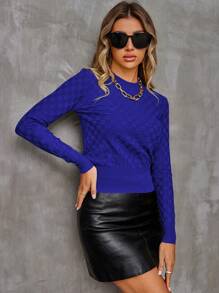 AAmilife Checkered Pattern Crew Neck Long Sleeve Sweater For Women,Long Sleeve Tops - Blue - View 3