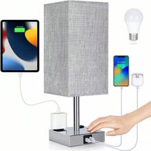 Bedside Lamp With USB Ports - Touch Control Table Lamp For Bedroom With USB C+A Charging Ports & AC Outlets, 3 Way Dimmable Nightstand Light For Living Room (LED Bulb Included, Chrome - White) - View 1