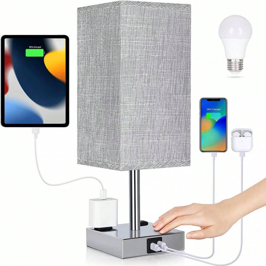 Bedside Lamp With USB Ports - Touch Control Table Lamp For Bedroom With USB C+A Charging Ports & AC Outlets, 3 Way Dimmable Nightstand Light For Living Room (LED Bulb Included, Chrome - White) - View 1
