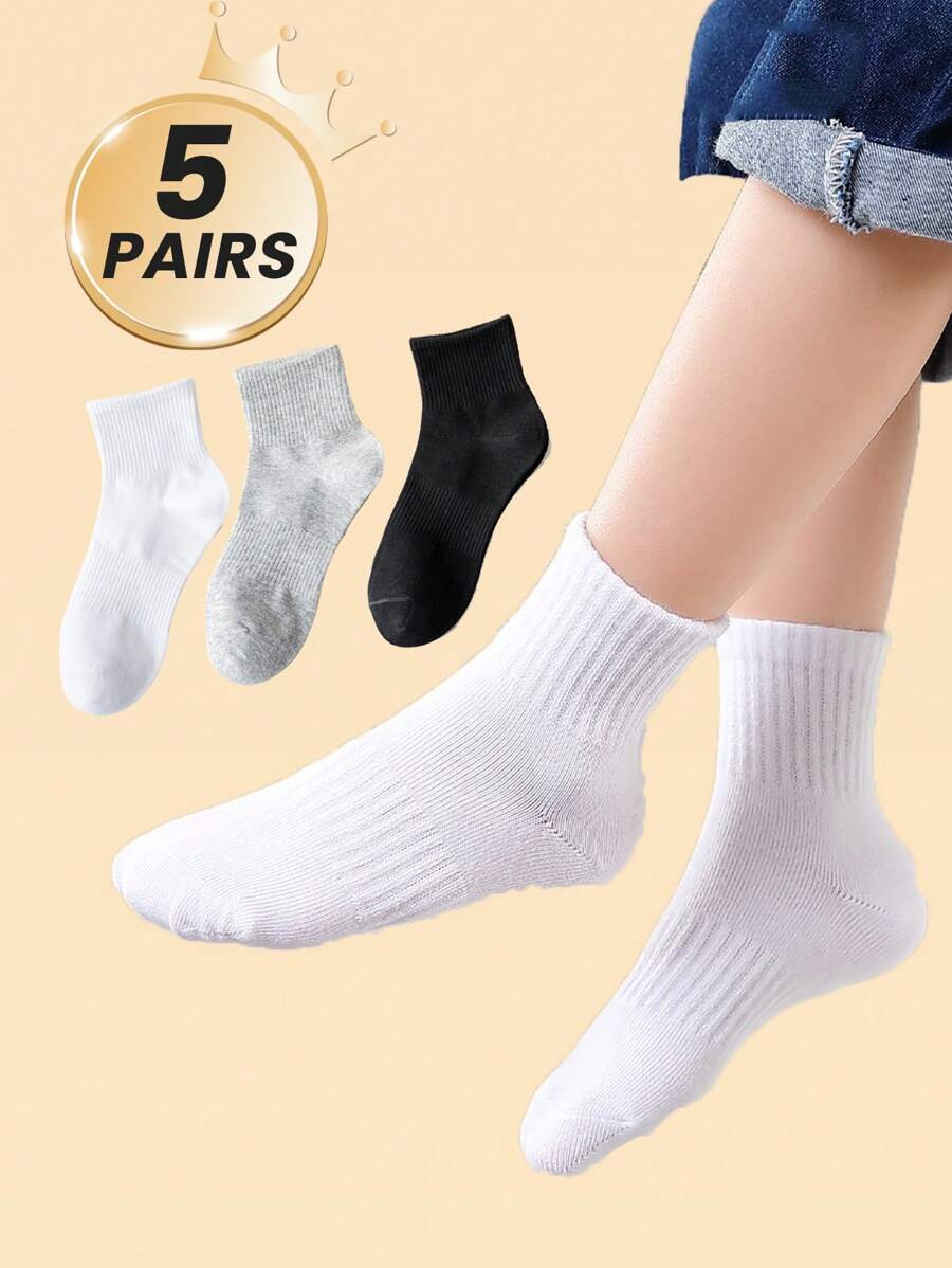 5 par czarno-białych/szarych skarpetek dziecięcych, skarpetki sportowe do kostki dla dzieci w jednolitym kolorze, skarpetki dla nastolatków i uczniów, gładkie, oddychające, klasyczne, minimalistyczne, oddychające, wygodne, modne skarpetki sportowe, skarpetki dla małych dzieci do noszenia w pomieszczeniach, odpowiednie do codziennego noszenia