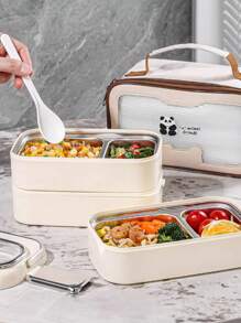 Bộ 3 hộp đựng cơm trưa bằng thép không gỉ 304 hình gấu trúc hoạt hình Giáng sinh, Hộp đựng cơm Bento hai lớp có lò vi sóng di động cho nhân viên văn phòng, Bộ đồ ăn, Đồ dùng học tập - Màu trắng sữa - Xem 2