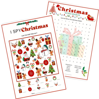 20 件，圣诞派对游戏 - （2 套游戏） - 单词搜索和 I SPY 圣诞节 - 双面卡 - 圣诞节家庭聚会或班级聚会游戏用品，节日游戏，有趣的文字游戏，简单的游戏，不包括答案卡，