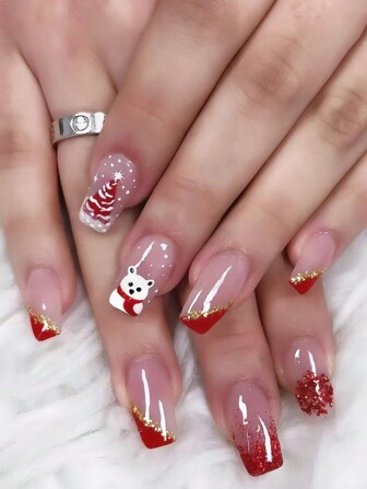 24 قطعة/مجموعة أظافر صناعية بتصميم الدب ذات لمعة ساتان أبيض قصيرة/متوسطة الحجم، أظافر مربعة الشكل للضغط عليها، مستلزمات أظافر