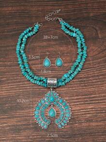 1 bộ Dây chuyền & Hoa tai hình móng ngựa bí ngô phong cách Bohemian thời trang cổ điển bằng đồng màu ngọc lam, Phụ kiện cho quần áo, Thích hợp cho ngày lễ, Phổ biến - bạc cổ + ngọc lam - Xem 5