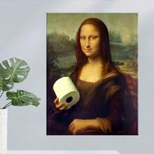 1pc Fun Home Decor Bathroom Wall Art, Mona Lisa With Toilet Paper Roll Canvas Print, Unframed Humorous Renaissance Style Poster For Home Office, Bedroom, Living Room Decor, Waterproof Artwork, Perfect Gift - Multicolor - View 2