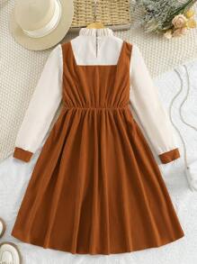 Tween Girl Elegant Patchwork 2 In 1 Long Sleeve Dress With Belt, Soft Corduroy Fabric, A-Line Silhouette, Stylish For Holidays, Parties, School Events, Can Be A Great Gift, Suitable For Autumn And Winter, Please Order According To Our Size Chart For The Best Fit