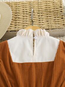 Tween Girl Elegant Patchwork 2 In 1 Long Sleeve Dress With Belt, Soft Corduroy Fabric, A-Line Silhouette, Stylish For Holidays, Parties, School Events, Can Be A Great Gift, Suitable For Autumn And Winter, Please Order According To Our Size Chart For The Best Fit