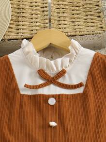 Tween Girl Elegant Patchwork 2 In 1 Long Sleeve Dress With Belt, Soft Corduroy Fabric, A-Line Silhouette, Stylish For Holidays, Parties, School Events, Can Be A Great Gift, Suitable For Autumn And Winter, Please Order According To Our Size Chart For The Best Fit