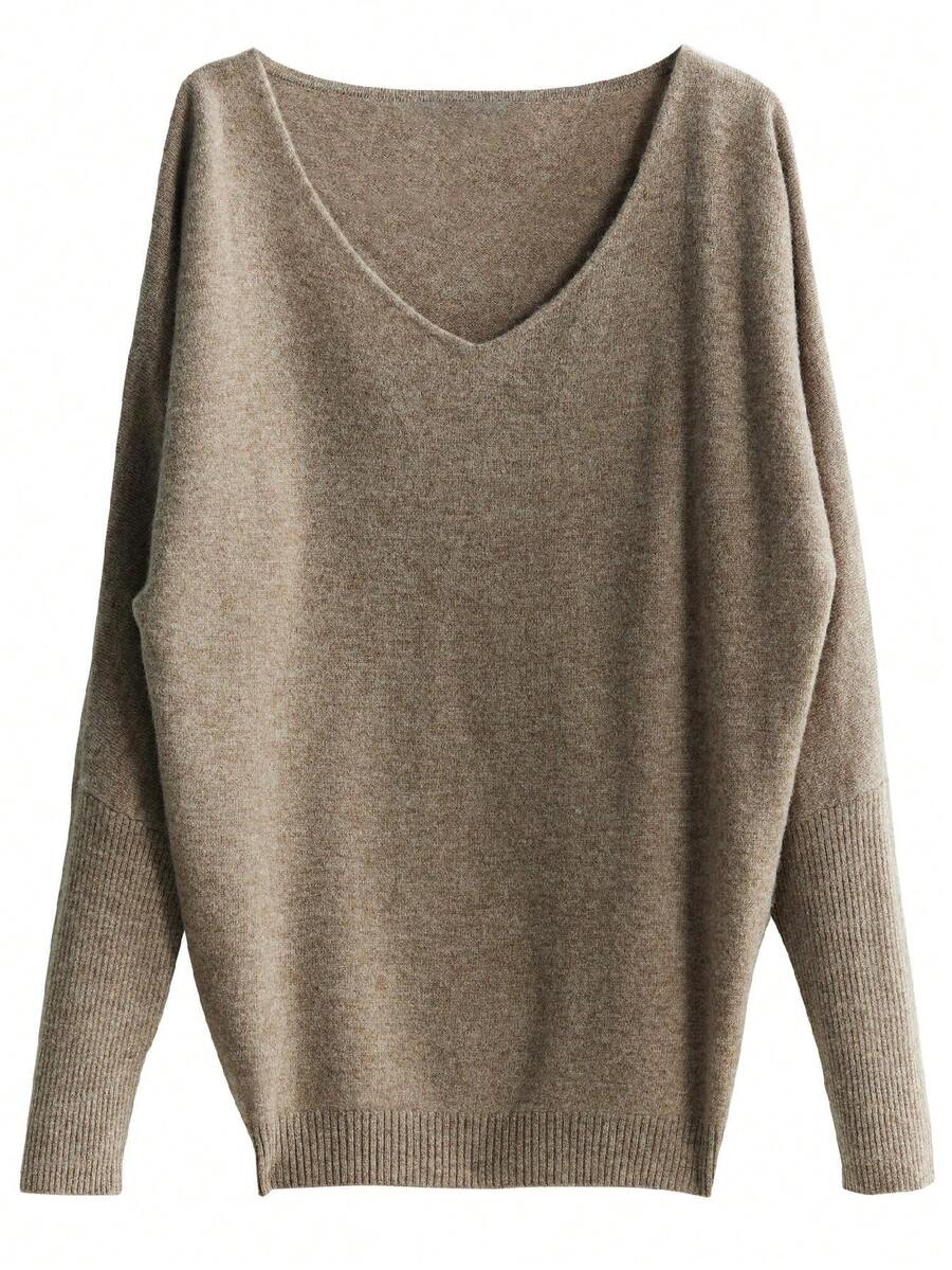 女士 100% 美利奴羊毛毛衣 V 领毛衣秋冬长袖柔软针织套头衫 - 駝色 - 查看 1