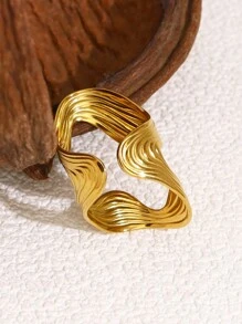 1pc Fashionable Titanium Steel Ring For Women, 18K Gold Plated, Asymmetrical Design, Tarnish Resistant - Yellow Gold - View 4