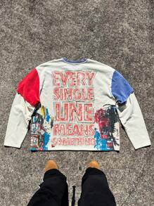 Men GRAFFITI Splicing Long Sleeve Shirt ,Going Out Tops,Spring,Father's Day - White - View 2