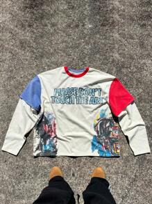 Men GRAFFITI Splicing Long Sleeve Shirt ,Going Out Tops,Spring,Father's Day - White - View 1