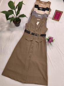 Long Sleeveless Evangelical Dress With Belt In Tailored Twill Fabric - Black - View 3