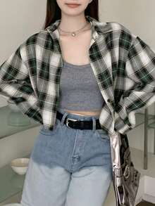 女士春秋休闲格子短款衬衫 - 綠色 - 查看 5