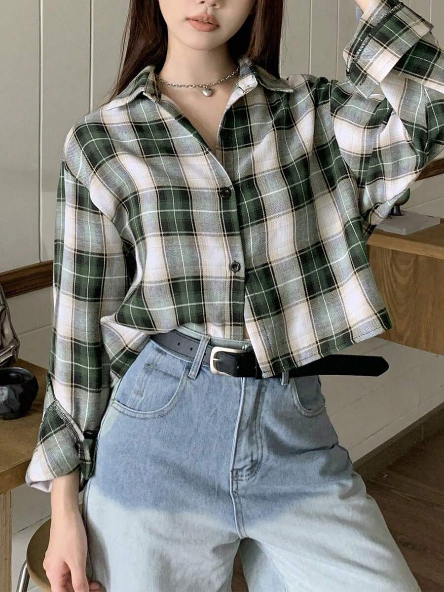 女士春秋休闲格子短款衬衫 - 綠色 - 查看 1