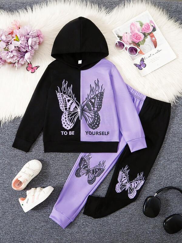 2pcs Girls Butterfly Print Hoodie Set, Casual Comfortable Color Block Sweatshirt Outfit