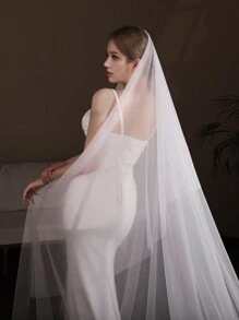 1 件新款新娘双层长款新娘面纱遮阳头纱拖尾适合婚礼秋季服装女士 - 彩色 - 查看 1