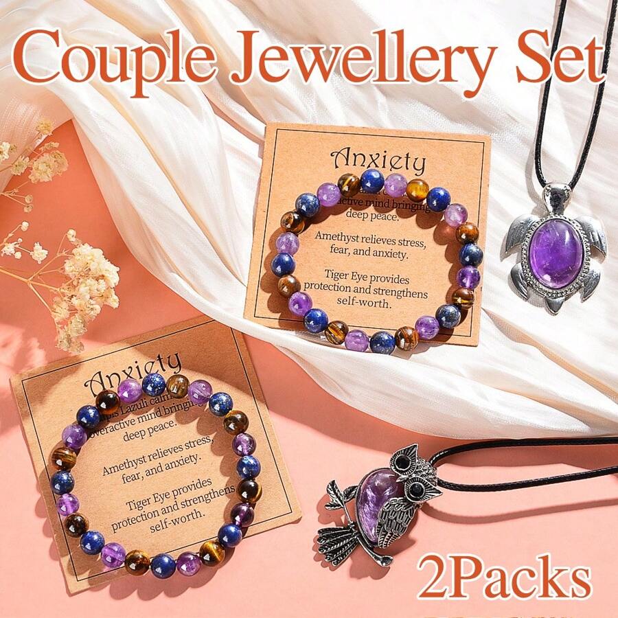 2Packs Amethyst Necklace For Men 8mm Round Bead Crystal Gemstone Bracelet For Pain, Anxiety, Mental Energy Treatment Bracelet, Turtle Pendant For Men - 2 件裝-B 型 - 查看 1
