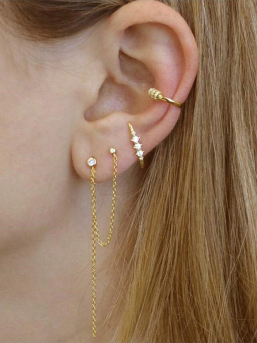 Shescity 1 套 6 对精美壁龛镶嵌白色锆石螺纹耳环和耳钉，适合女士日常宴会佩戴 - 金黃色 - 查看 1