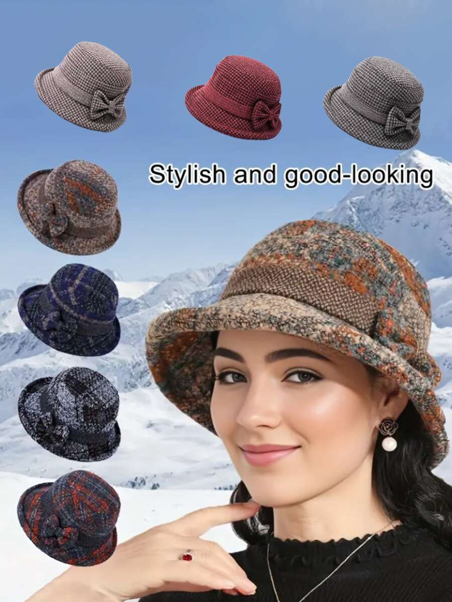 Elegante sombrero tipo balde con decoración de lazo y bloques de color, sombrero tipo balde casual para exteriores, deportes, cálido y cortavientos con ala ancha, sombrero mini para fiesta en invierno y otoño - Multicolor - Ver 1