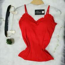 Women's Tank Top With Ruffled Straps And Ribbed Pads - 紅色 - 查看 2