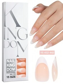 Nail Kingdom 120 piezas/caja Uñas postizas blancas francesas de almendra media, 15 tamaños diferentes. Puntas de uñas falsas profesionales previamente imprimadas con un recubrimiento superior 3 en 1 de gel suave para manualidades de manicura DIY