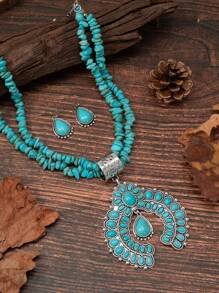 1 bộ Dây chuyền & Hoa tai hình móng ngựa bí ngô phong cách Bohemian thời trang cổ điển bằng đồng màu ngọc lam, Phụ kiện cho quần áo, Thích hợp cho ngày lễ, Phổ biến - bạc cổ + ngọc lam - Xem 2