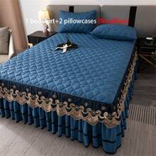 3 件套纯色心形柔软绗缝 + 高蕾丝层系带设计（1 件床裙 + 2 件枕套），多层蕾丝花边，时尚美观，吸湿排汗透气抗皱静音，易于拆卸的床垫套