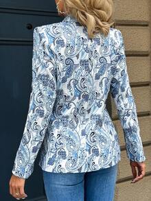 1 件优雅休闲女式全佩斯利印花单纽扣西装外套，春/秋 - 藍色 - 查看 2