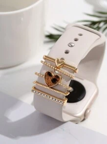 Set de 5 correas decorativas para Apple Watch de color dorado con diseños de corazón y estampado de leopardo para el Día de San Valentín