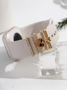 Set de 5 correas decorativas para Apple Watch de color dorado con diseños de corazón y estampado de leopardo para el Día de San Valentín