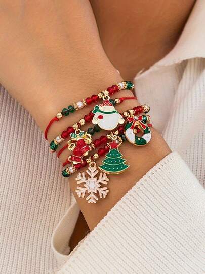 5 peças/conjunto decoração de natal papai noel floco de neve etc forma pingente corda pulseira conjunto sorte mão corda conjunto de joias presente de natal