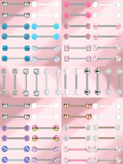 12pcs Fashionable Stainless Steel Ball Lip Rings & Tongue Rings, Suitable For Women Daily Wear