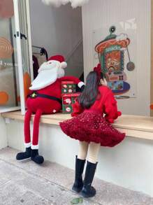 小女孩圣诞儿童TUTU裙全网纱宽腰可爱公主蛋糕蓬蓬裙，酒红色带星星