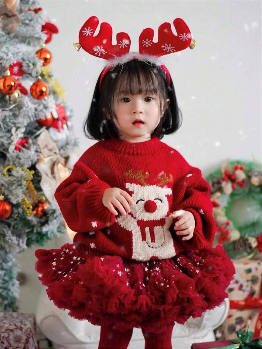 小女孩圣诞儿童TUTU裙全网纱宽腰可爱公主蛋糕蓬蓬裙，酒红色带星星