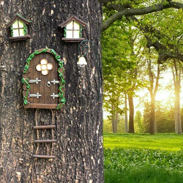 5.3-Inch Glow-In-The-Dark Door And Window 5 Pieces Set, Creative Fairy Door And Window For Tree Decoration, Garden Art Garden Sculpture Outdoor Decoration Accessories