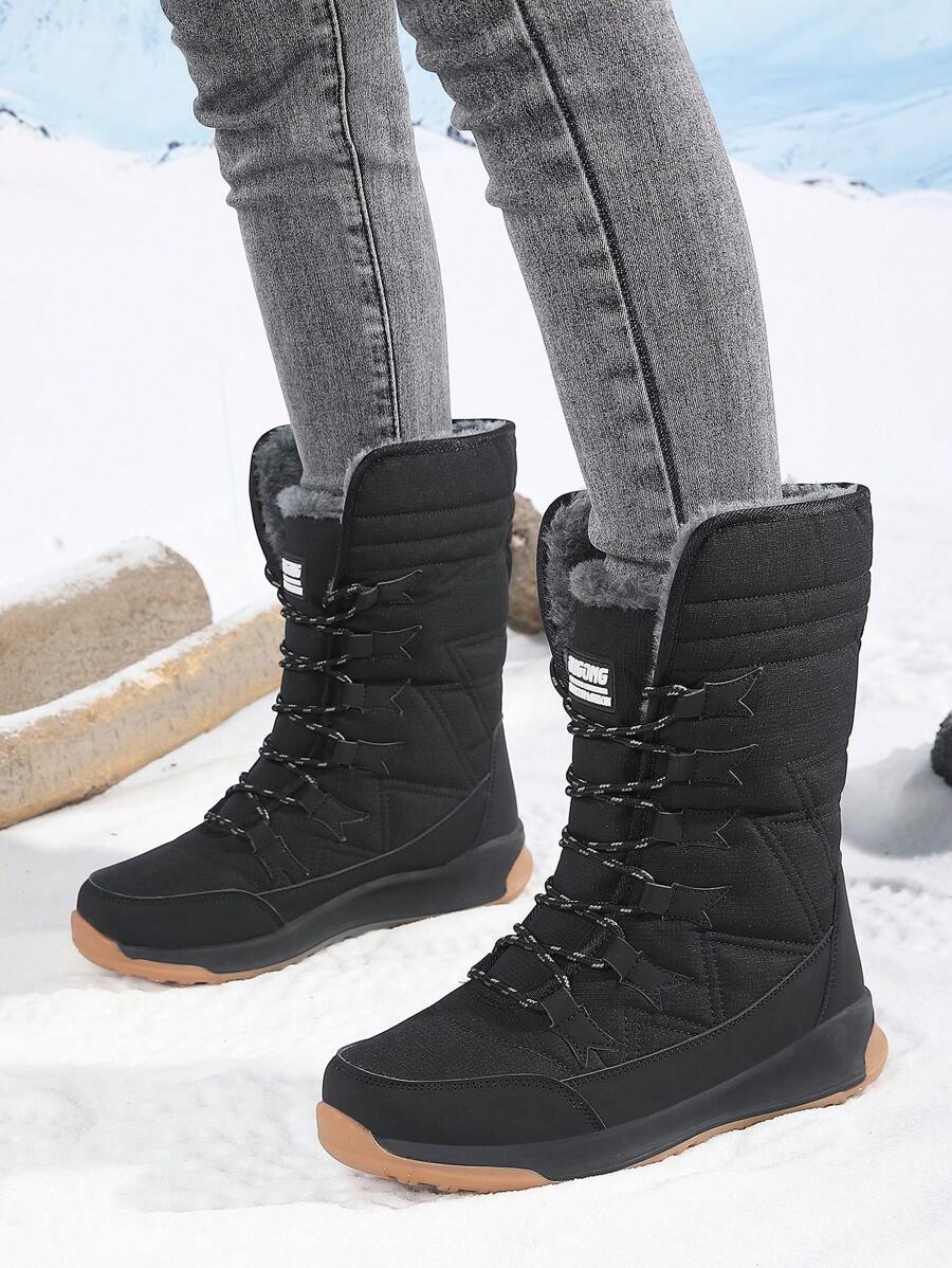 新款冬季户外雪地靴，女式毛绒内衬防水高帮休闲保暖滑雪靴，男式防滑厚雪地靴 - 黑色 - 查看 1