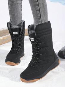 新款冬季户外雪地靴，女式毛绒内衬防水高帮休闲保暖滑雪靴，男式防滑厚雪地靴 - 黑色 - 查看 3